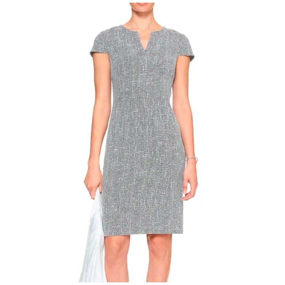 Banana Republic Gray Tweed Split Neck Short Sleeve Dress Size 8